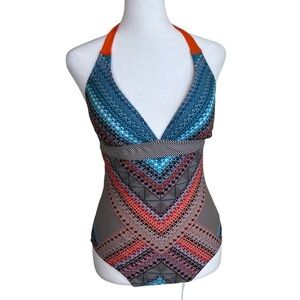 Prana Lahari Colorful One-Piece Bathing Suit in Sunlit Coral Riviera Sz S
